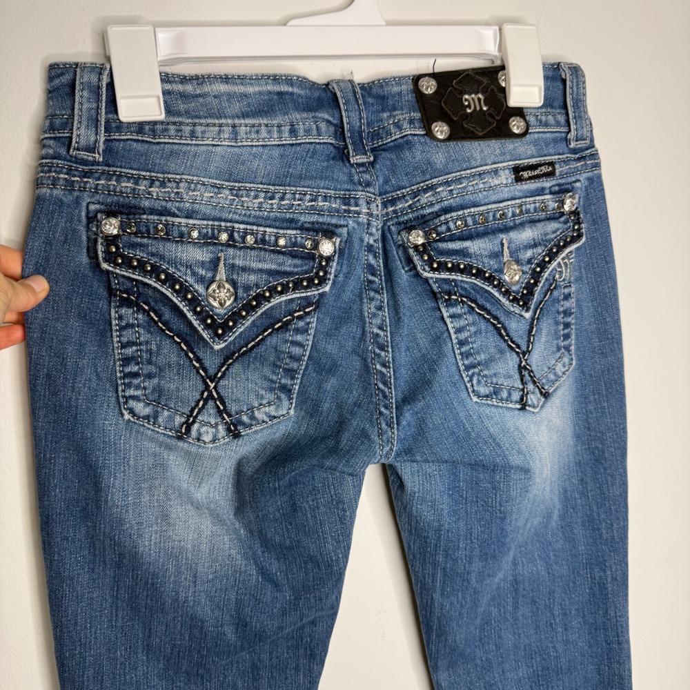 D6 Miss Me JW6084B Bootcut Jeans Blue Embellished Rhinestone Flap‎ Pocket Y2K 29